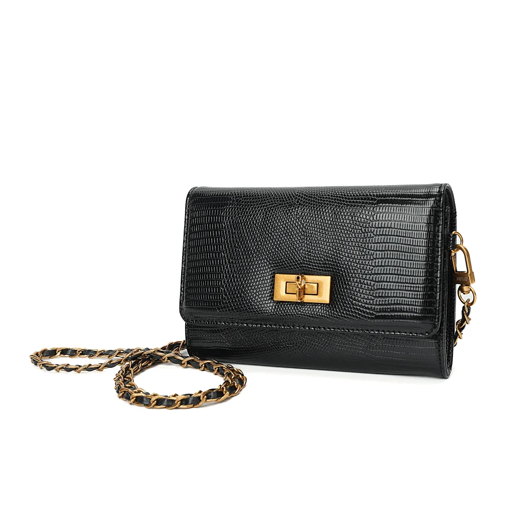 Bolsa Carteira Com Caixa Transversal Lizard Preta - vista 4 de 8