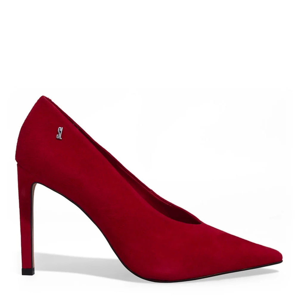 Scarpin Couro Camurça Vermelho Bico Fino Salto Alto - vista 1 de 3