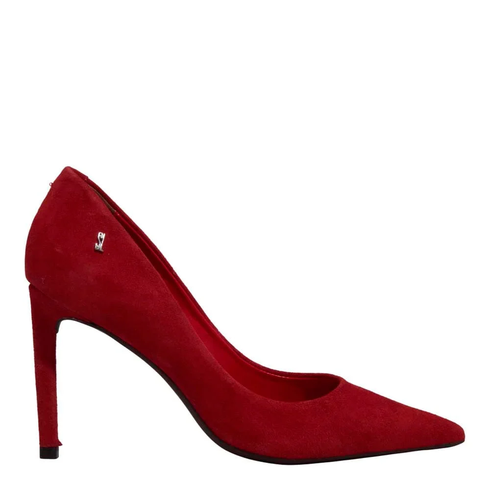 Scarpin Nobuck Vermelho Bico Fino Salto Alto - vista 1 de 3