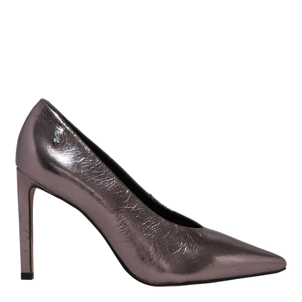 Scarpin Couro Metalizado Prata Bico Fino Salto Alto - vista 1 de 3