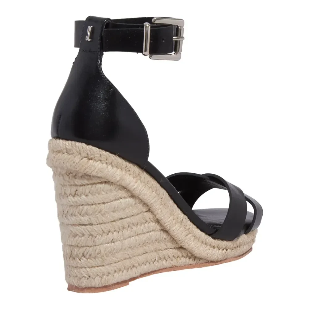 Sandália Espadrille Couro Confort Salto Anabela Preto - vista 3 de 3