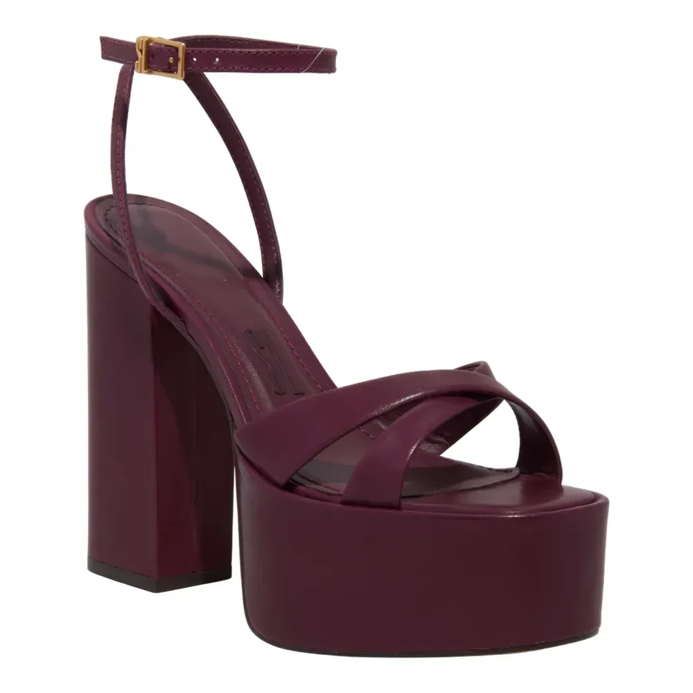 Sandália Meia Pata Plataforma Couro Salto Alto Roxo Berry - vista 2 de 3