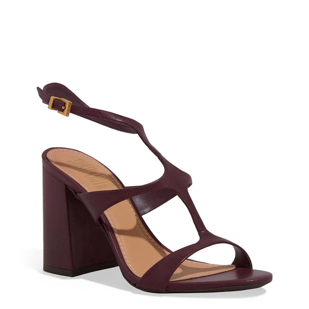 Sandália Couro Pelica Salto Grosso Roxo Berry - vista 2 de 3