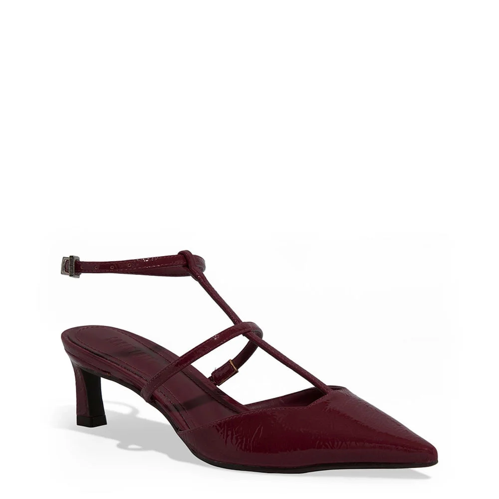 Scarpin Slingback Verniz Salto Baixo Fino Vermelho Cabernet - vista 2 de 3