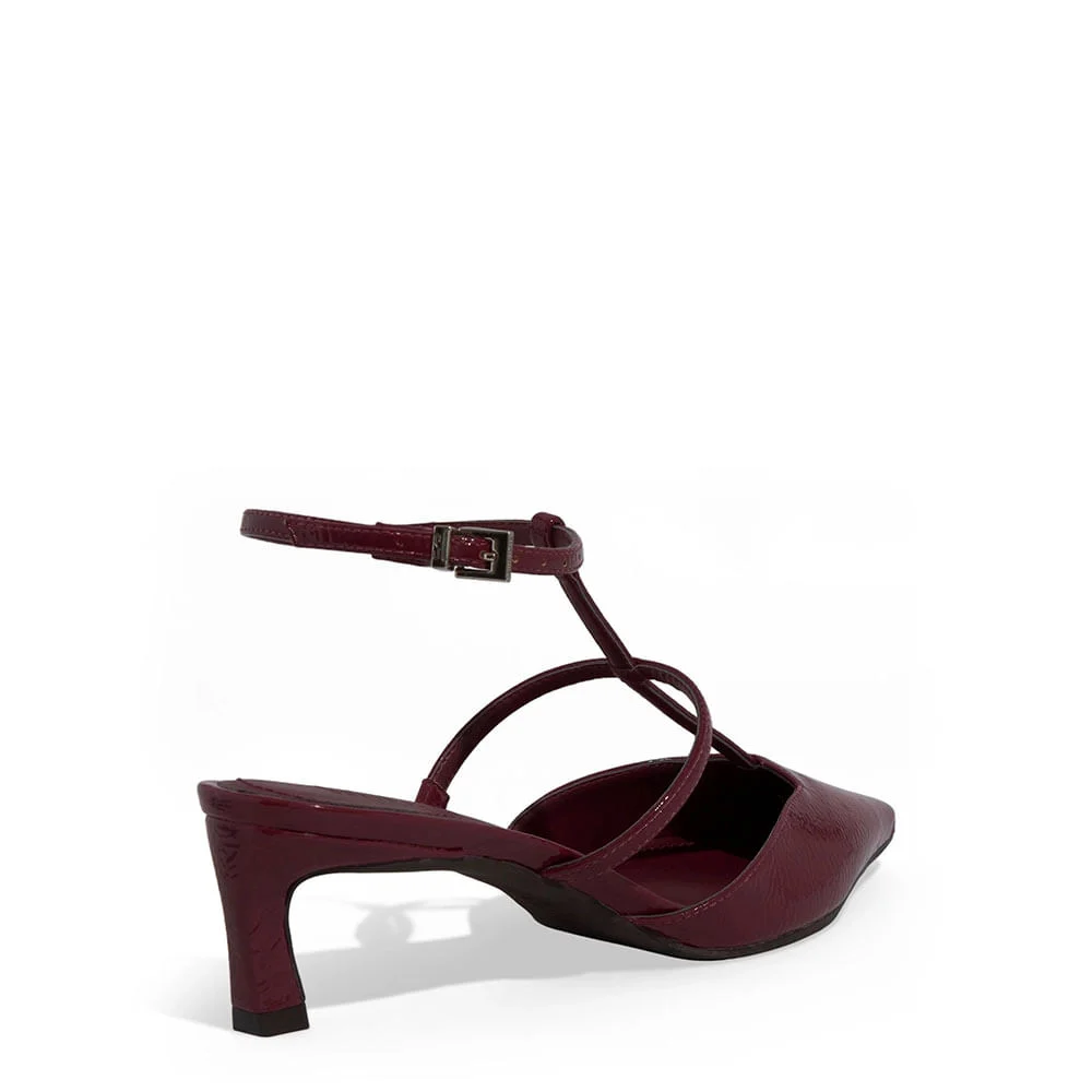 Scarpin Slingback Verniz Salto Baixo Fino Vermelho Cabernet - vista 3 de 3