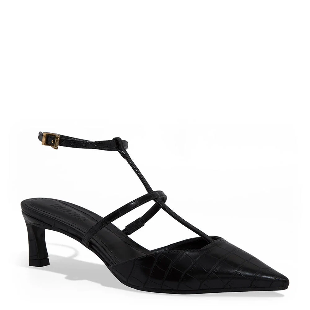 Scarpin Slingback Croco Salto Baixo Fino Preto - vista 2 de 3