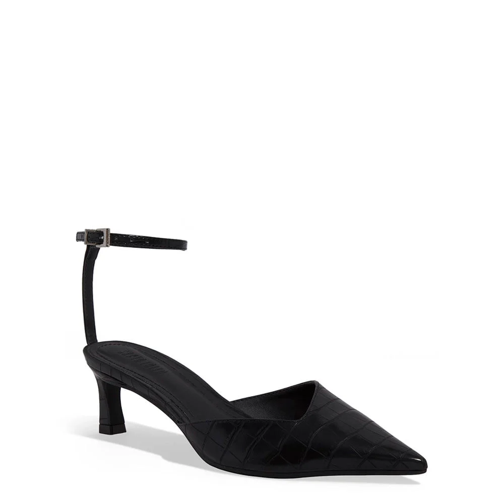 Scarpin Slingback Croco Salto Baixo Fino Preto - vista 2 de 3