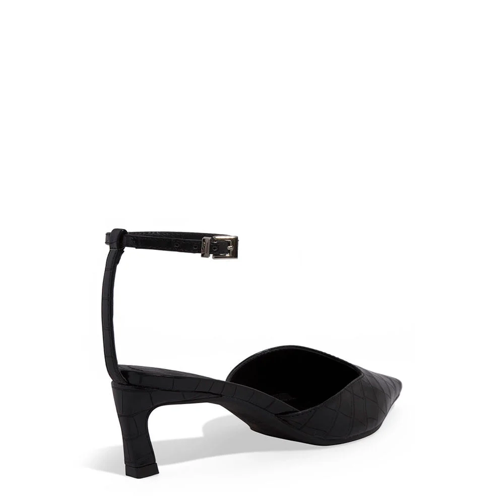 Scarpin Slingback Croco Salto Baixo Fino Preto - vista 3 de 3