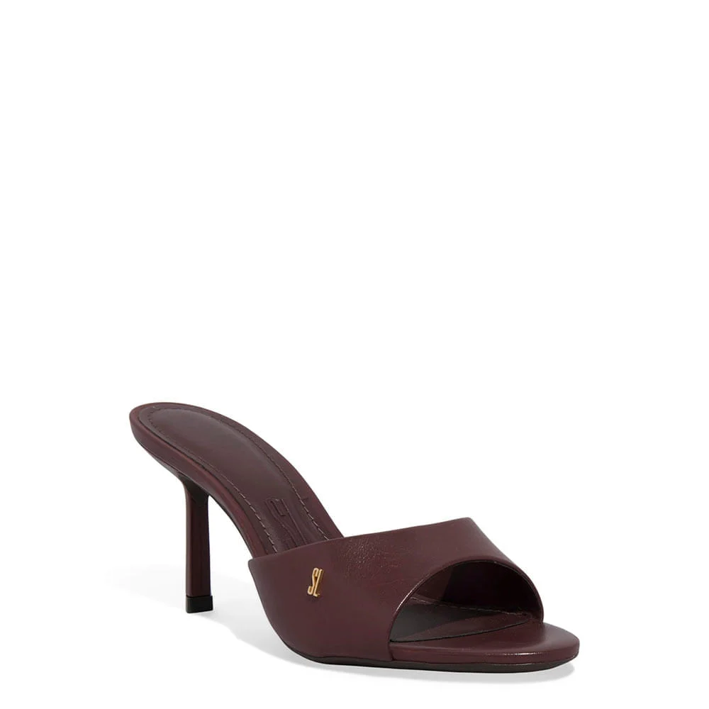 Mule Couro Pelica Salto Alto Fino Marrom Dark - vista 2 de 3