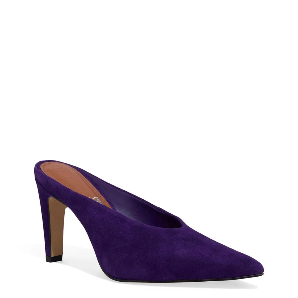 Mule Couro Camurça Salto Alto Roxo Vamp - vista 2 de 3