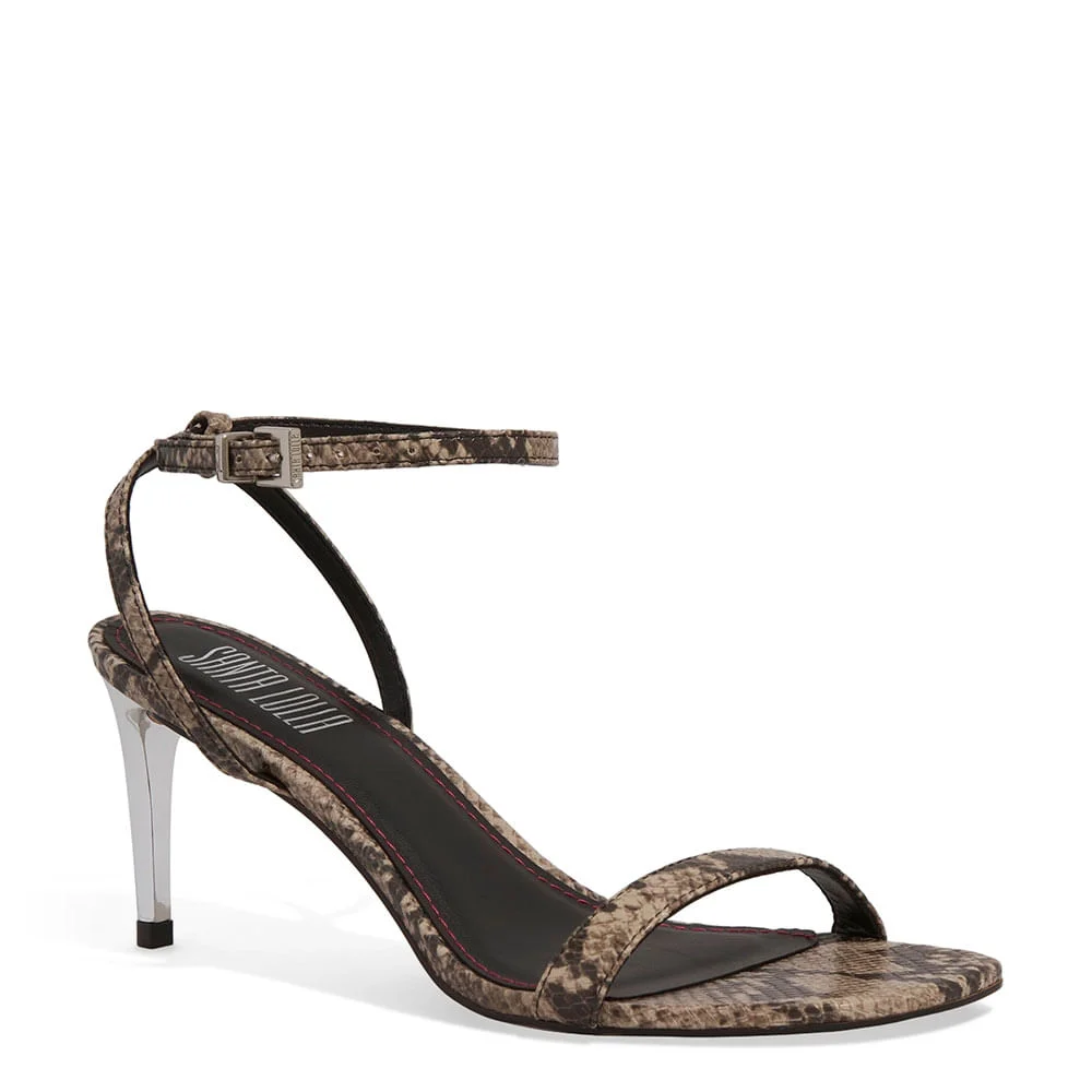 Sandália Couro Animal Print Cobra Salto Prata - vista 3 de 4
