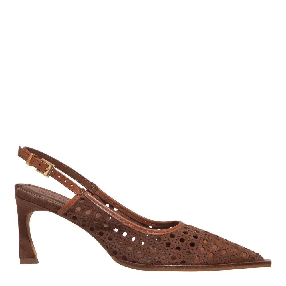 Scarpin Slingback Couro Camurça Tressê Salto Fino Marrom Safari - vista 1 de 3