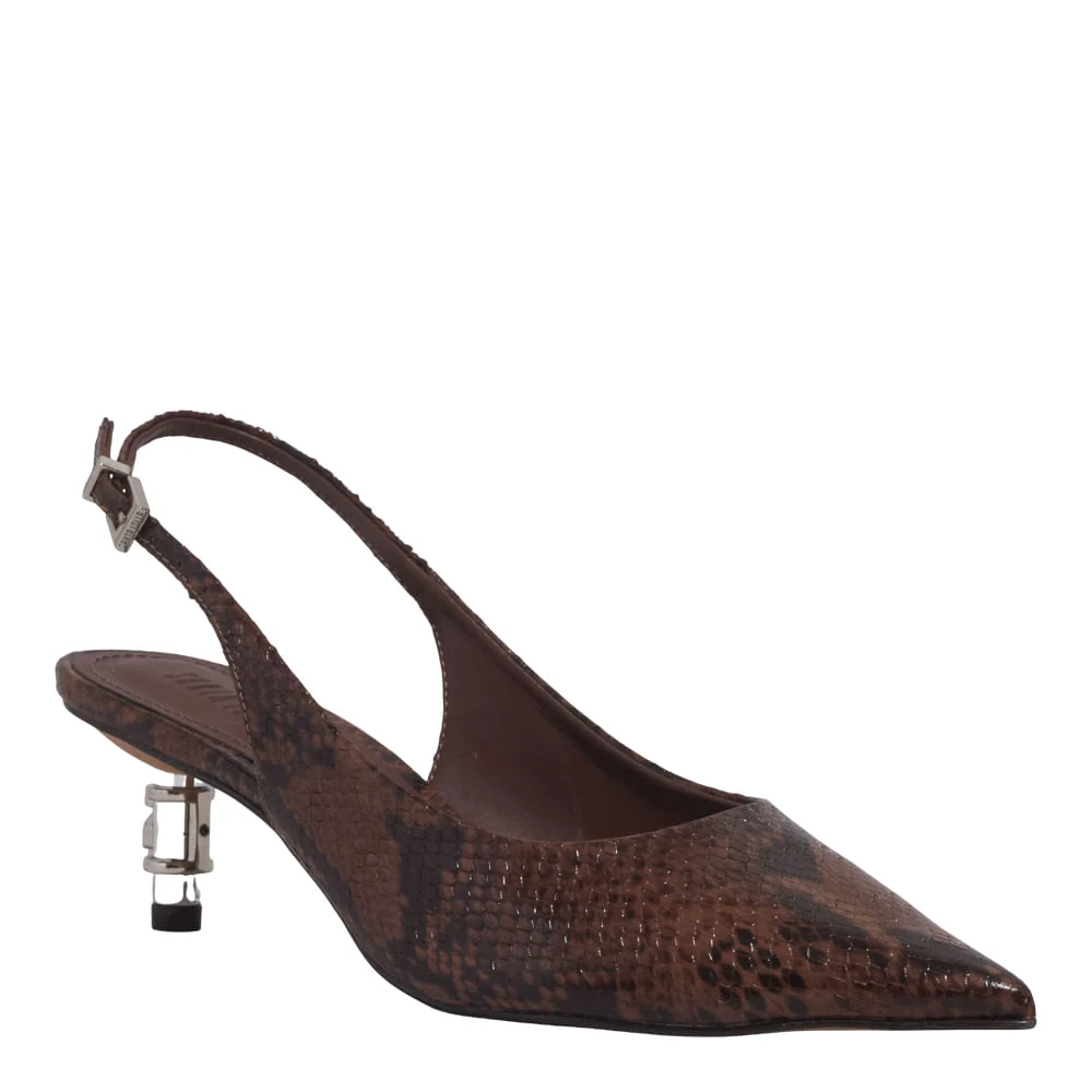 Scarpin Couro New Snake Animal Print Marrom Castanho Salto Baixo Fino Metal - vista 2 de 5