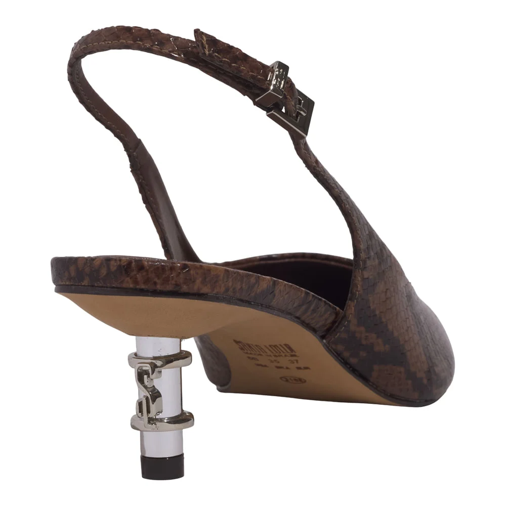Scarpin Couro New Snake Animal Print Marrom Castanho Salto Baixo Fino Metal - vista 4 de 5