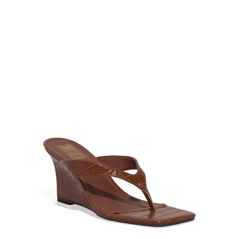 Mule Thong Croco Anabela Marrom - vista 2 de 3