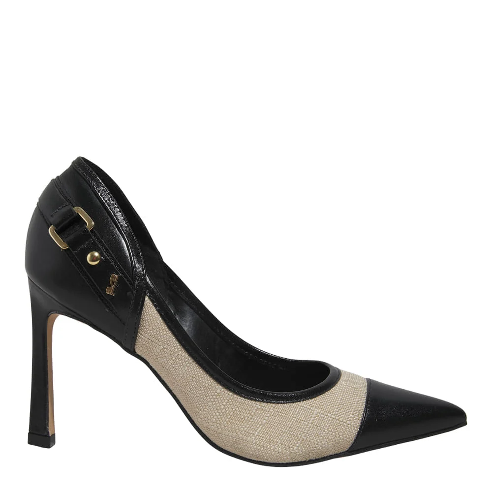 Scarpin Couro Bico Fino Preto Recortes Linho - vista 1 de 4