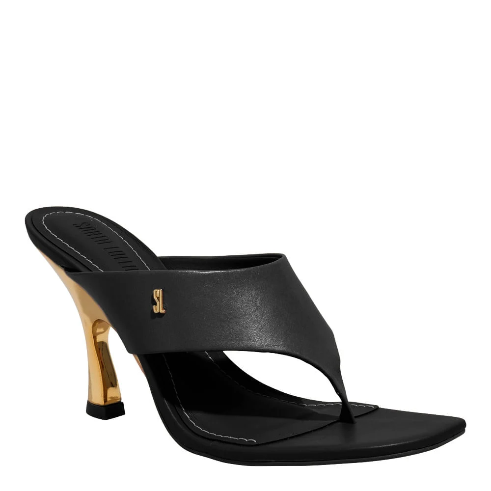 Mule Couro Nobre Soft Preto Salto Fino Dourado - vista 2 de 3