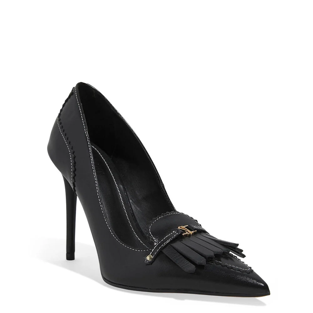 Scarpin Couro Preto Bico Fino Franja - vista 2 de 5