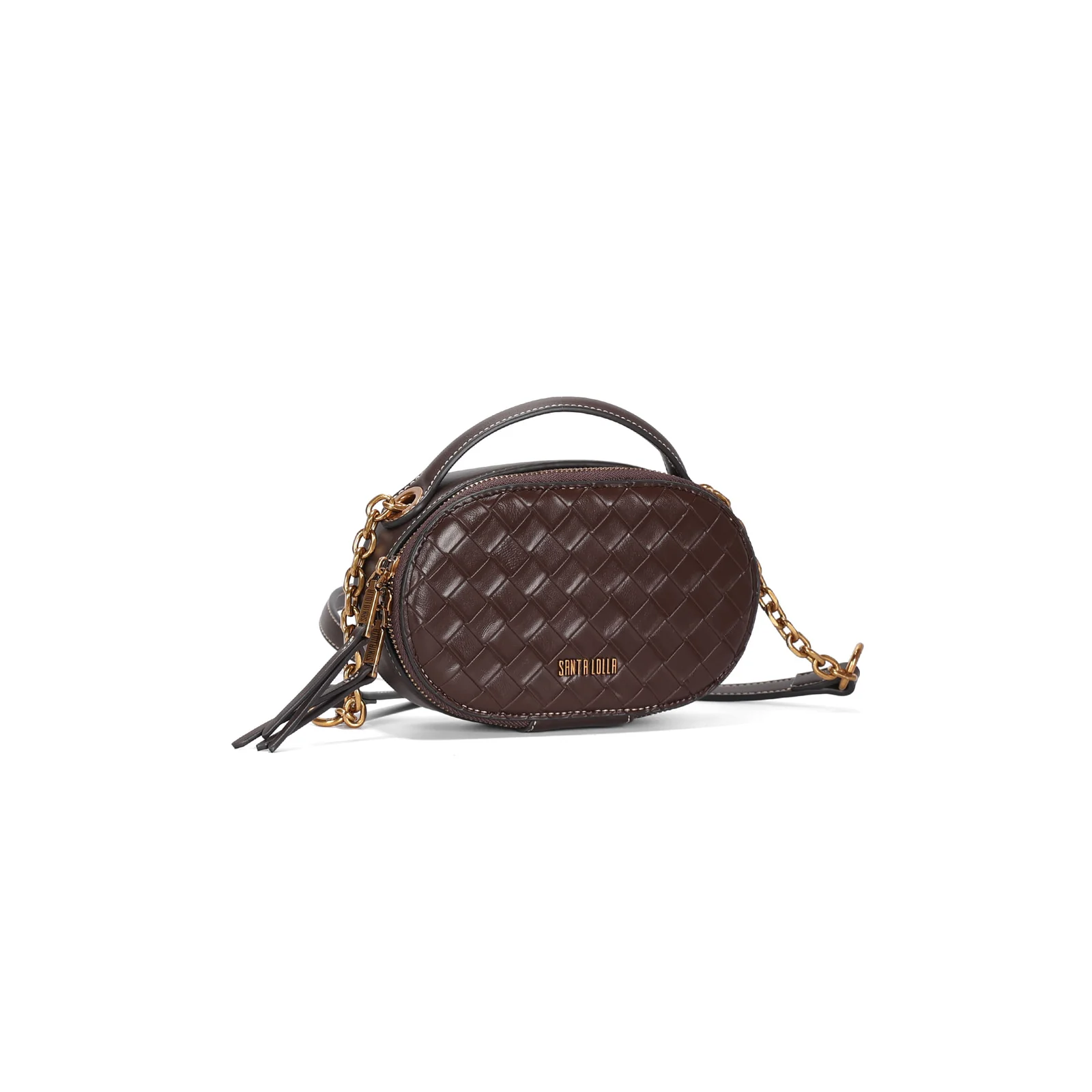 Bolsa Pequena Tressê Marrom Dark Pespontos Alça Corrente - vista 2 de 3
