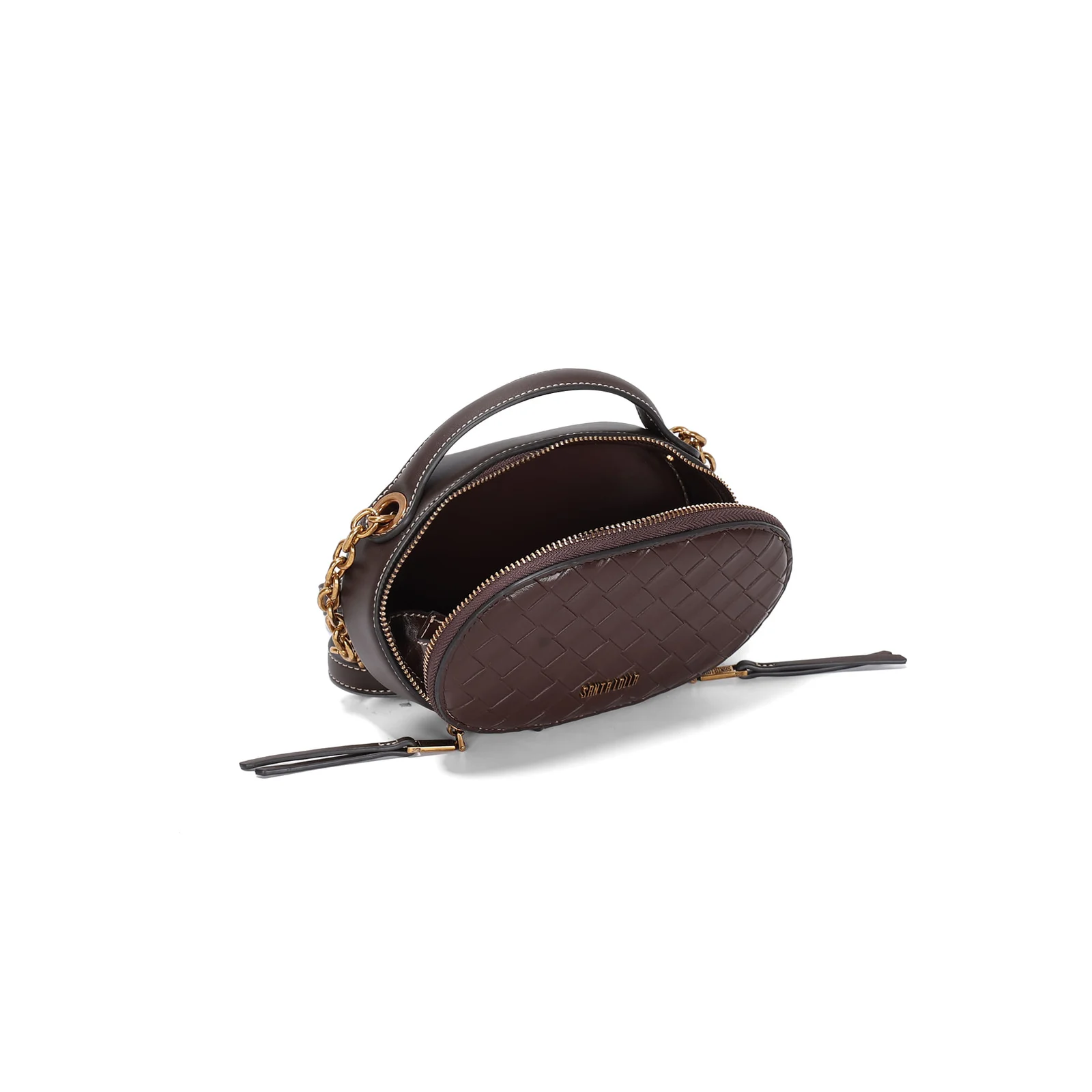 Bolsa Pequena Tressê Marrom Dark Pespontos Alça Corrente - vista 3 de 3