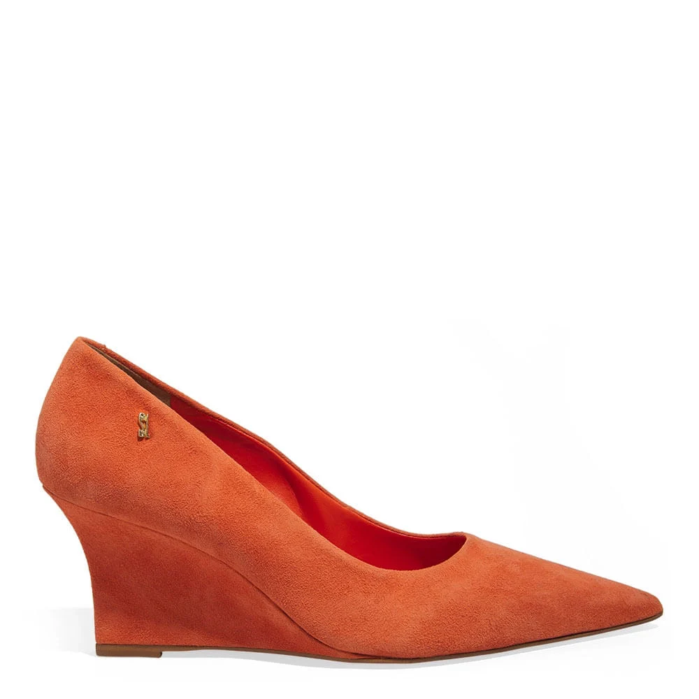 Scarpin Anabela Couro Camurça Salto Médio Laranja Pomelo - vista 1 de 3