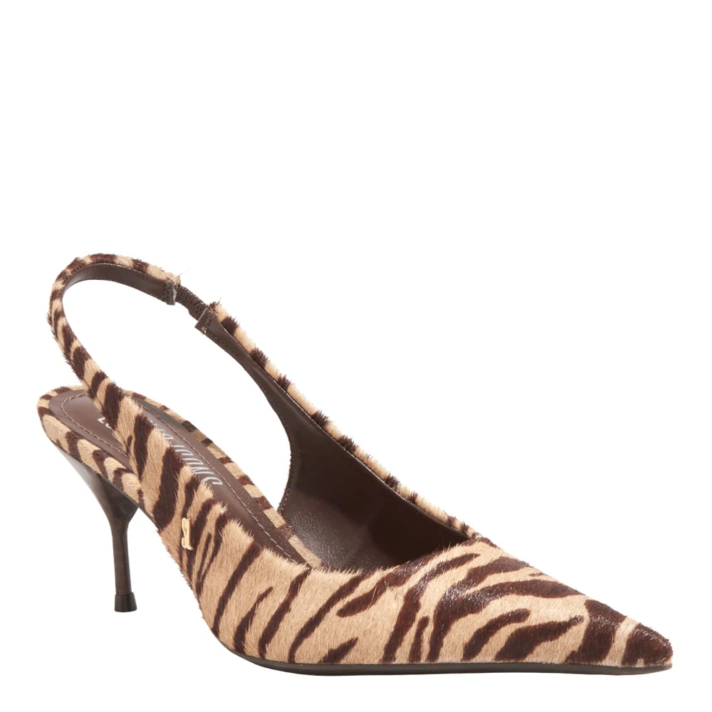 Scarpin Slingback Couro Pelo Estampa Zebra Marrom Bico Fino - vista 2 de 4