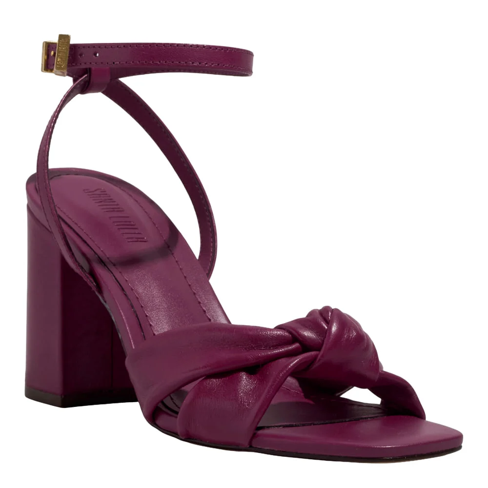 Sandália Laço Couro Nobre Soft Roxo Beterraba Salto Alto Grosso - vista 2 de 5