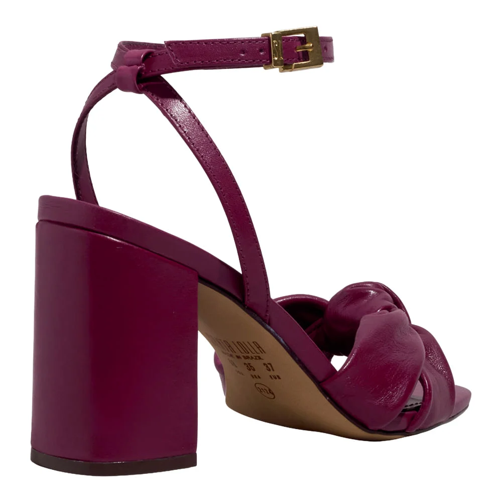 Sandália Laço Couro Nobre Soft Roxo Beterraba Salto Alto Grosso - vista 3 de 5