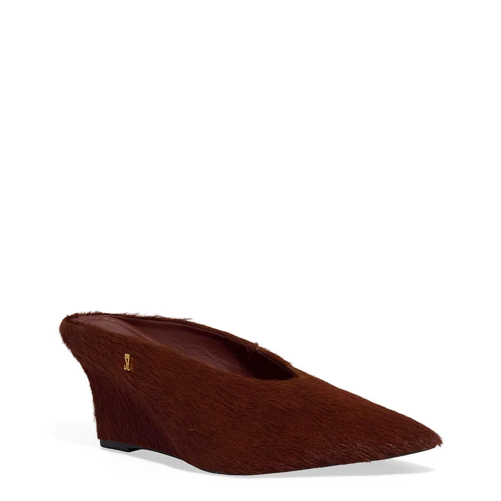 Scarpin Mule Couro Pelo Anabela Terracota - vista 2 de 3