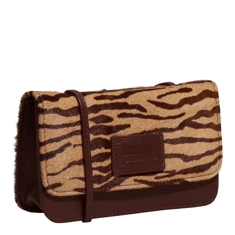 Bolsa Pequena Couro Estampa Pelo Zebra Marrom Brown Alça Transversal - vista 2 de 4