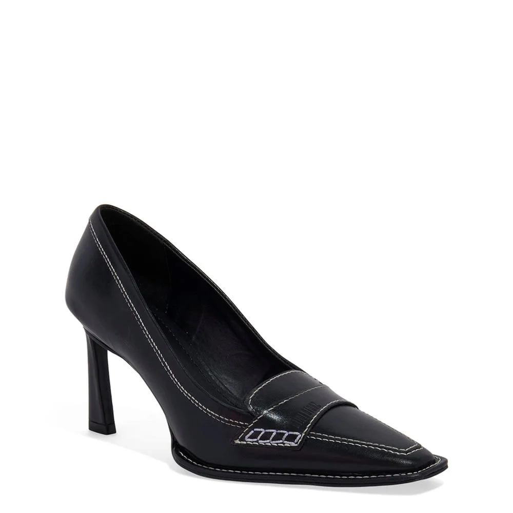 Scarpin Couro Bico Fino Preto Pespontos - vista 2 de 3