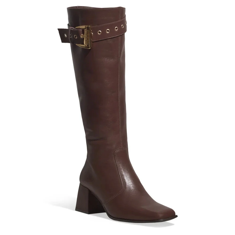 Bota Montaria Couro Cano Alto Marrom Dark Fivela - vista 2 de 3