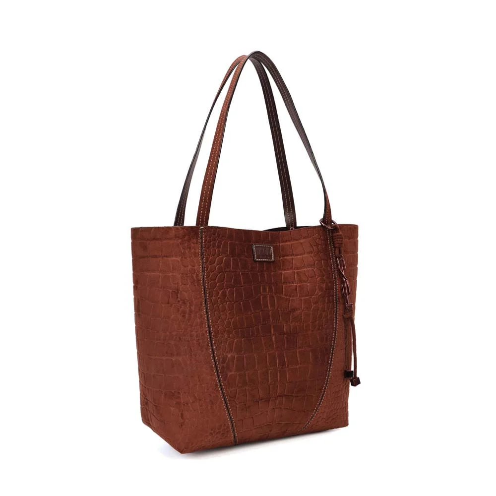 Bolsa Tote Média Croco Nobuck Marrom Dark Alça Longa - vista 2 de 7