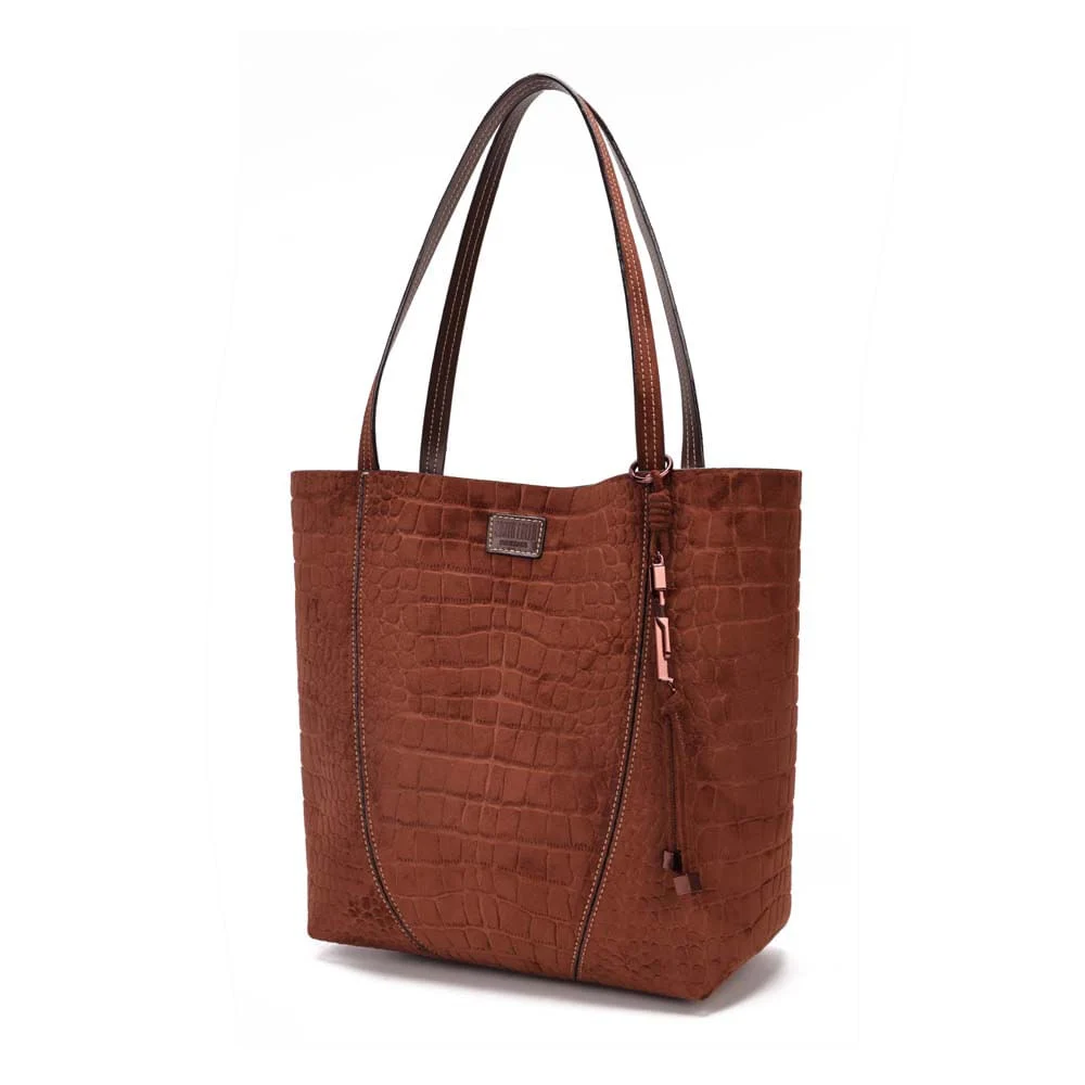 Bolsa Tote Média Croco Nobuck Marrom Dark Alça Longa - vista 3 de 7