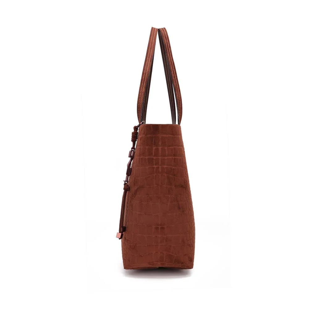 Bolsa Tote Média Croco Nobuck Marrom Dark Alça Longa - vista 4 de 7