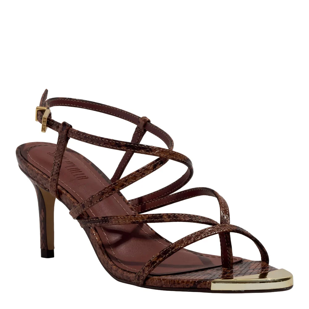 Sandália New Snake Animal Print Marrom Castanho Salto Fino Bico Metal - vista 2 de 3