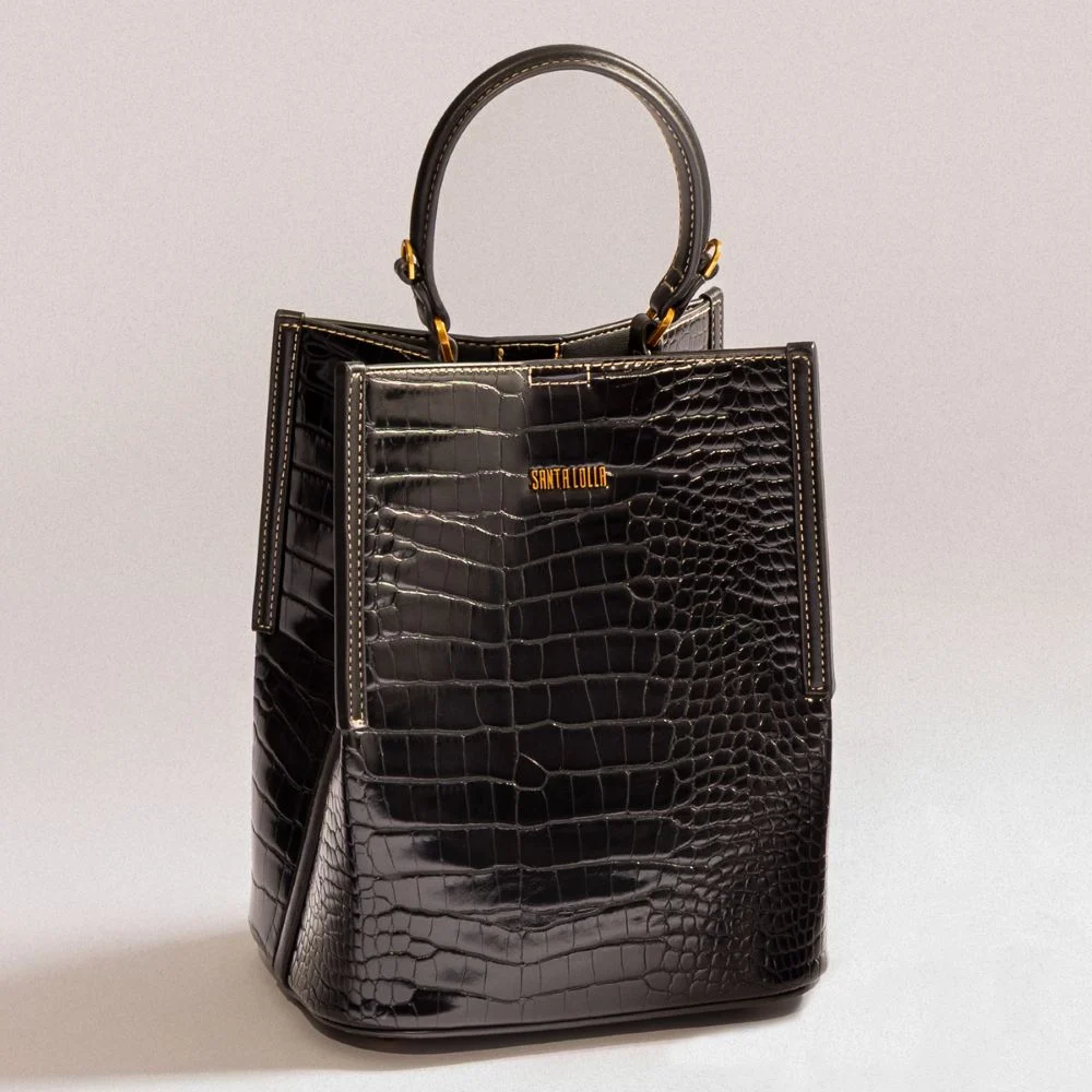 Bolsa Bucket Croco Preta Alça Dupla - vista 1 de 4