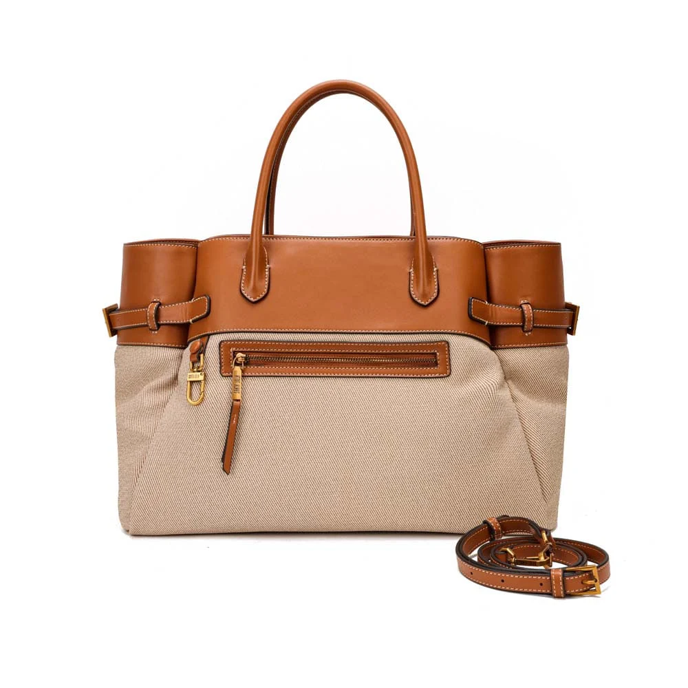 Bolsa Tote Grande Canvas Bege E Marrom Alça Dupla - vista 2 de 8