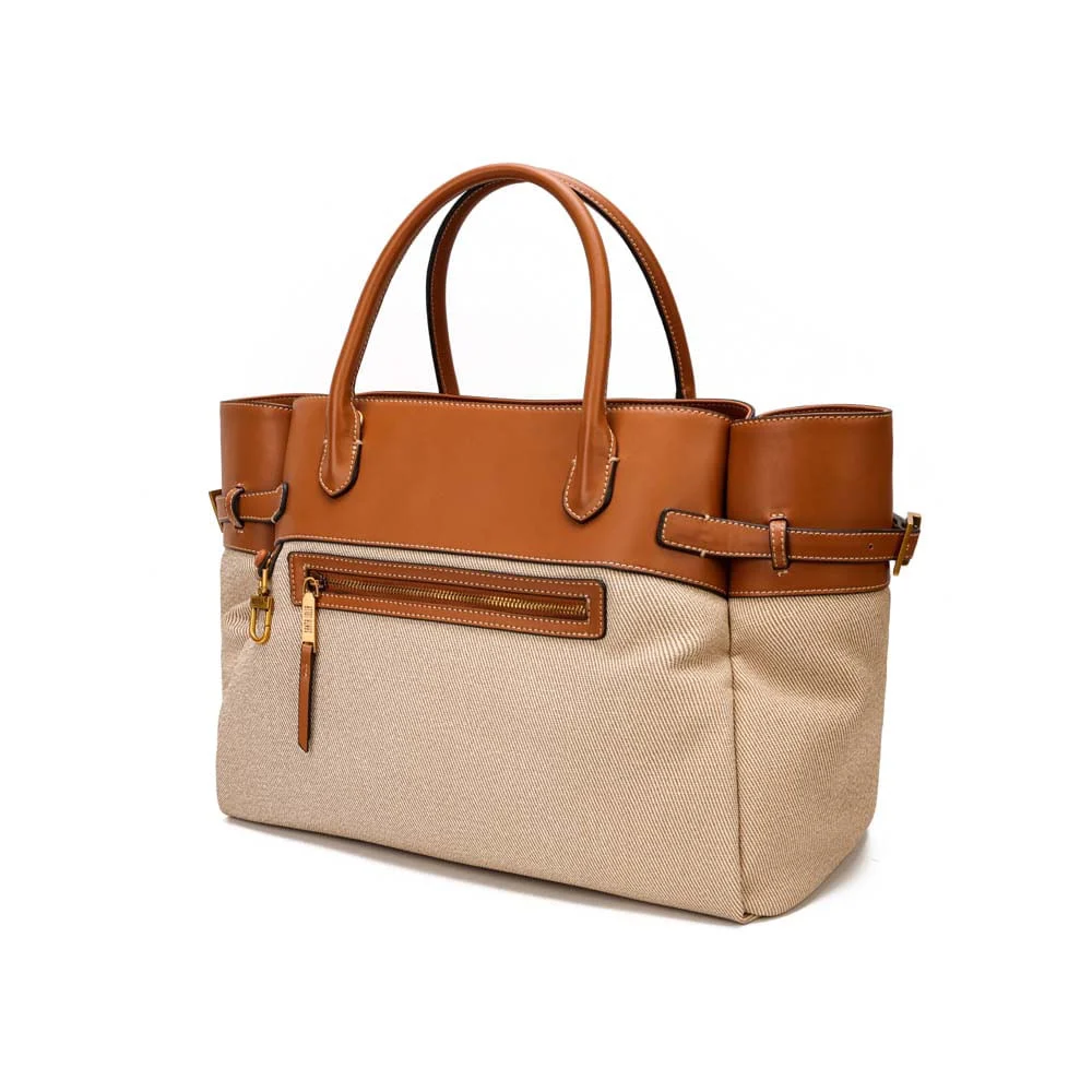 Bolsa Tote Grande Canvas Bege E Marrom Alça Dupla - vista 4 de 8