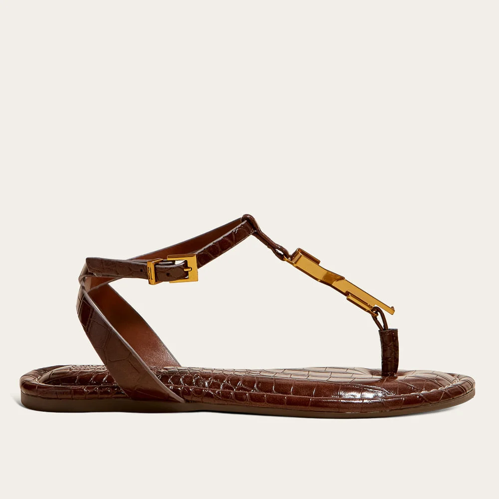 Sandália Rasteira Croco Bico Redondo Marrom Metal - vista 1 de 3