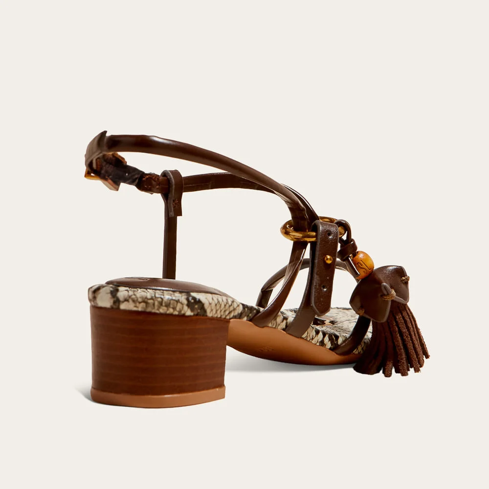 Sandália Napa Marrom Salto Grosso Cobra Tassel - vista 2 de 3