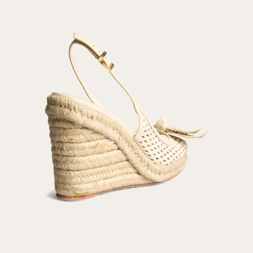 Sandália Espadrille Couro Confort Salto Anabela Off White - vista 2 de 4