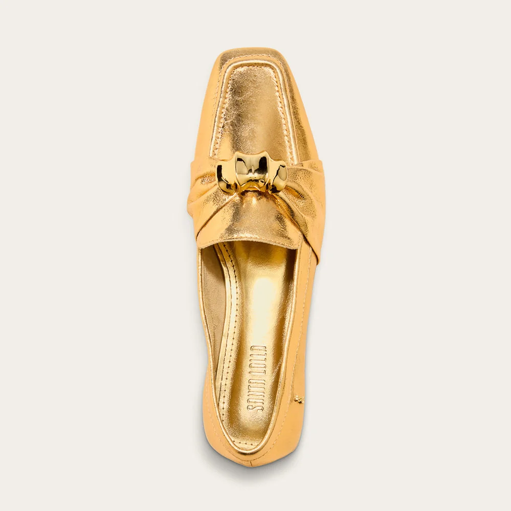 Mocassim Metal Couro Metalizado Bico Quadrado Dourado - vista 2 de 2