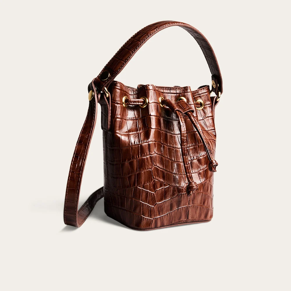 Bolsa Bucket Pequena Couro Croco Marrom Terracota - vista 2 de 3