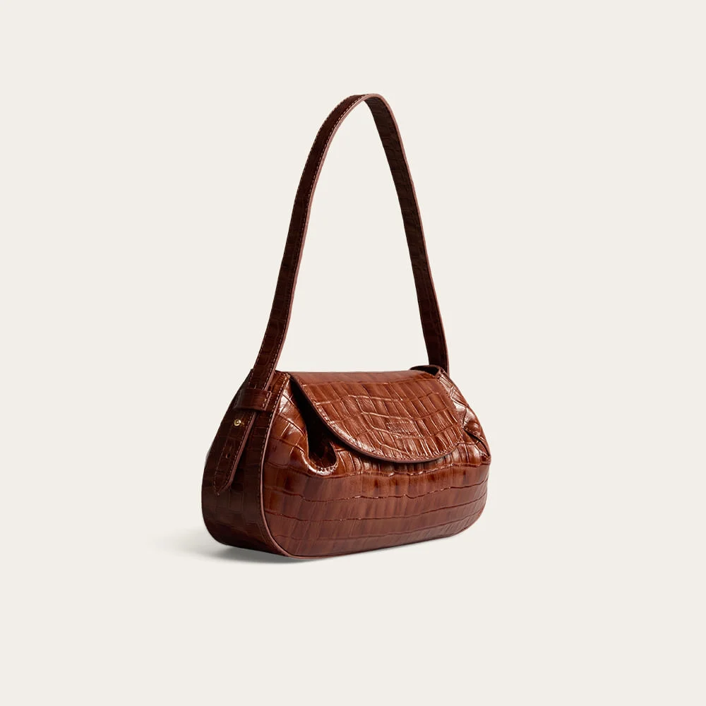 Bolsa Média Couro Croco Alça De Ombro Marrom Safari - vista 2 de 3