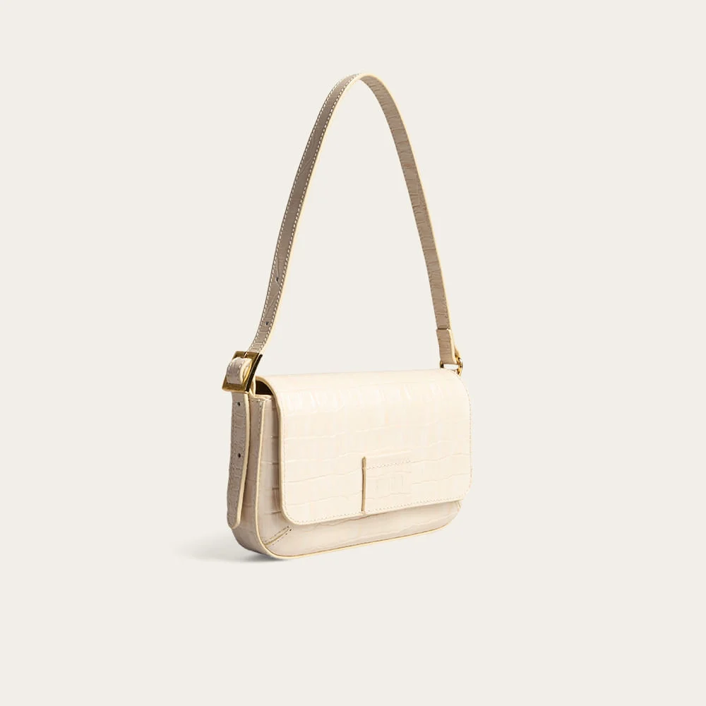 Bolsa Pequena Couro Croco Alça De Ombro Bege Marfim - vista 2 de 3