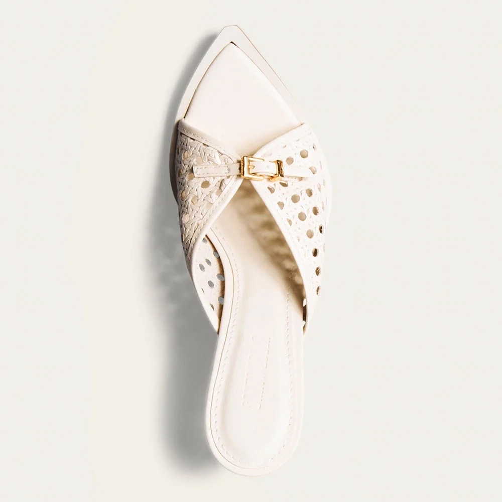Tamanco Mule Couro Bico Folha Salto Fino Médio Off White - vista 4 de 4
