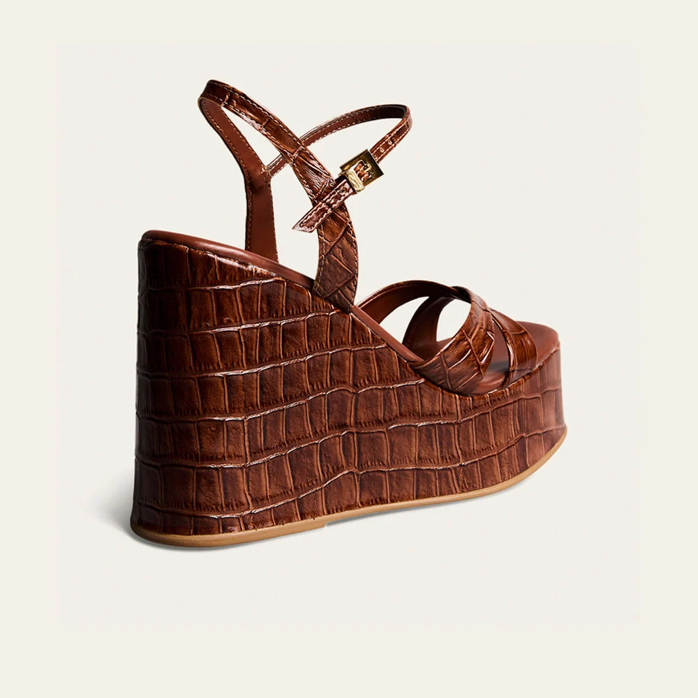 Sandália Plataforma Anabela Couro Croco Marrom Terracota - vista 2 de 3
