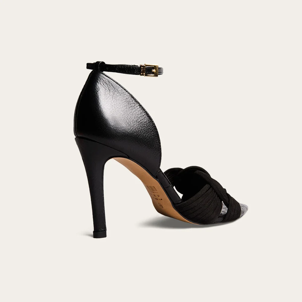 Sandália Peep Toe Couro Camurça Bico Folha Preta - vista 2 de 5