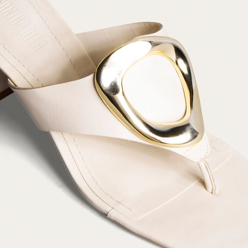Tamanco Mule Metal Couro Soft Salto Grosso Off White - vista 3 de 4